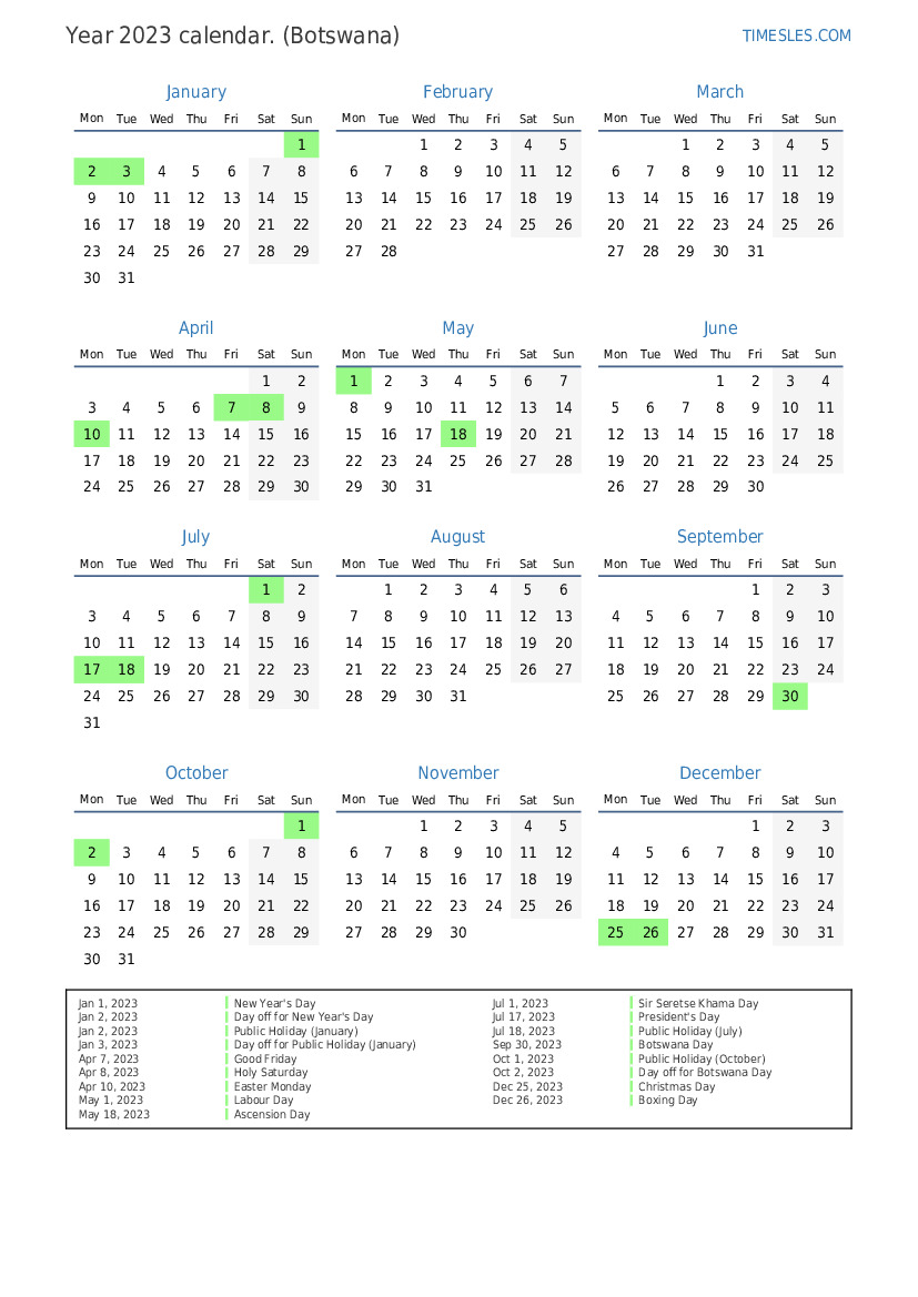Calendar For 2023 With Holidays In Botswana Print And Download Calendar
