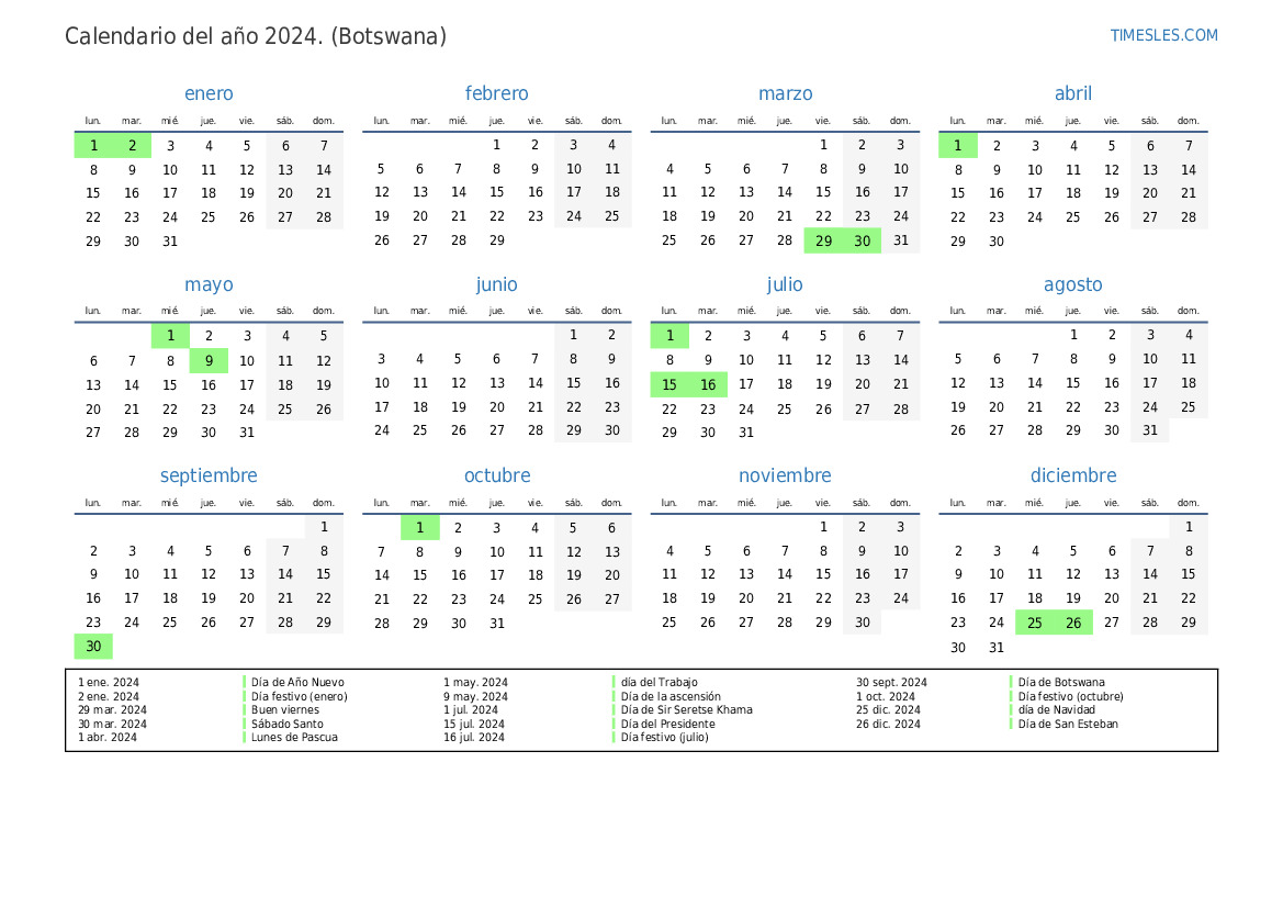 Calendario 2024 con días festivos en Botswana Imprimir y descargar calendario