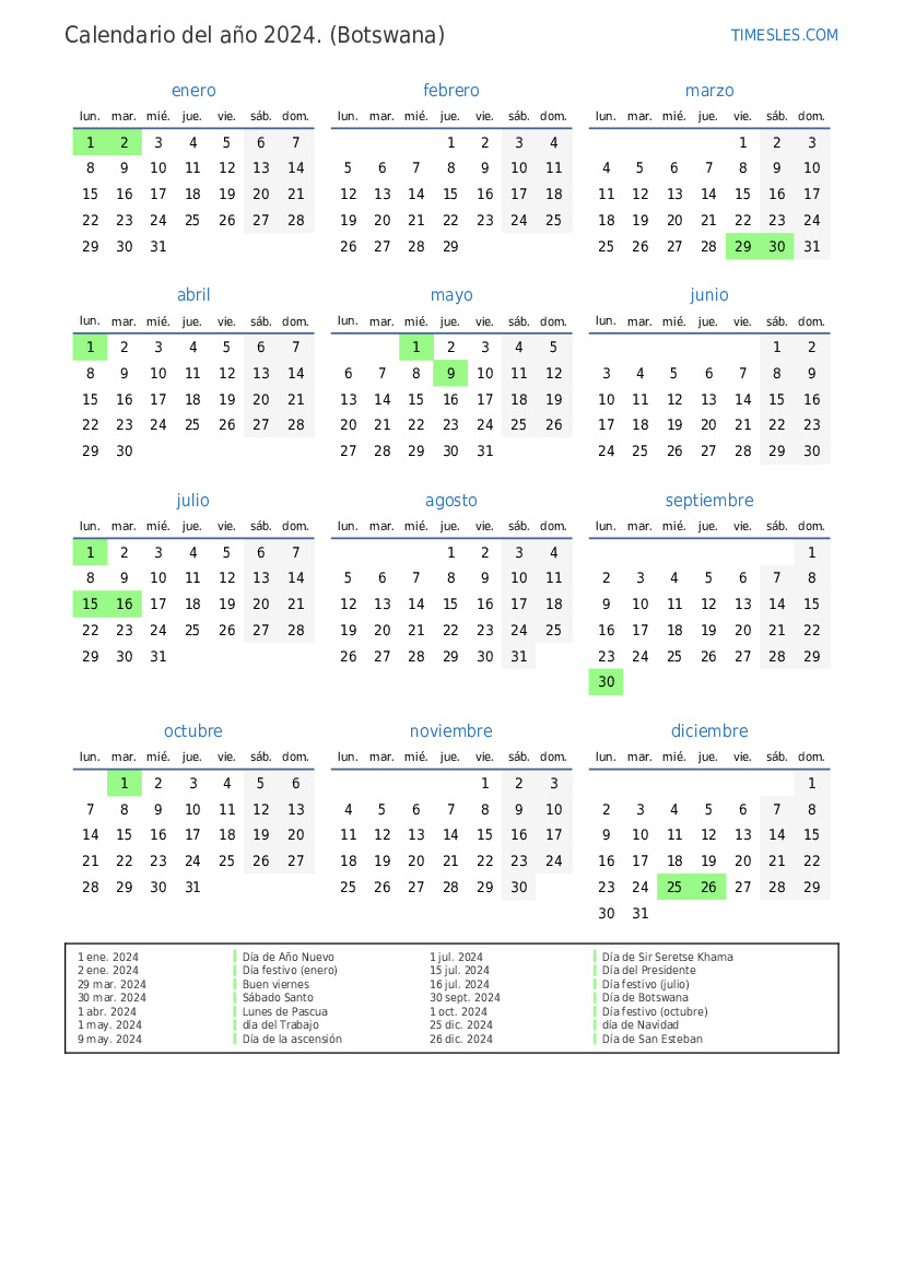 Calendario 2024 con días festivos en Botswana Imprimir y descargar