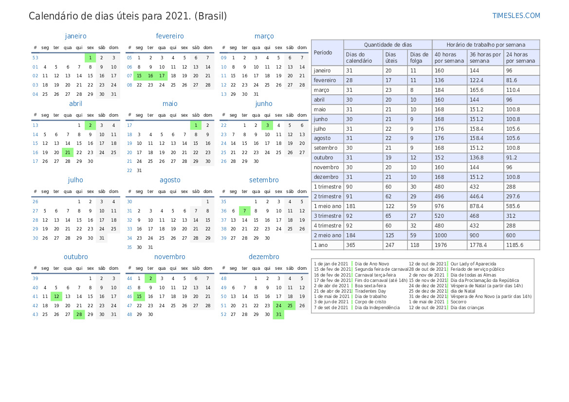 Calendário de dias úteis para 2021 com feriados no Brasil Imprimir e