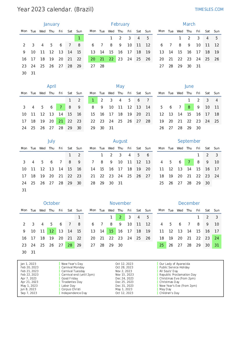Calendar for 2023 with holidays in Brazil Print and download calendar