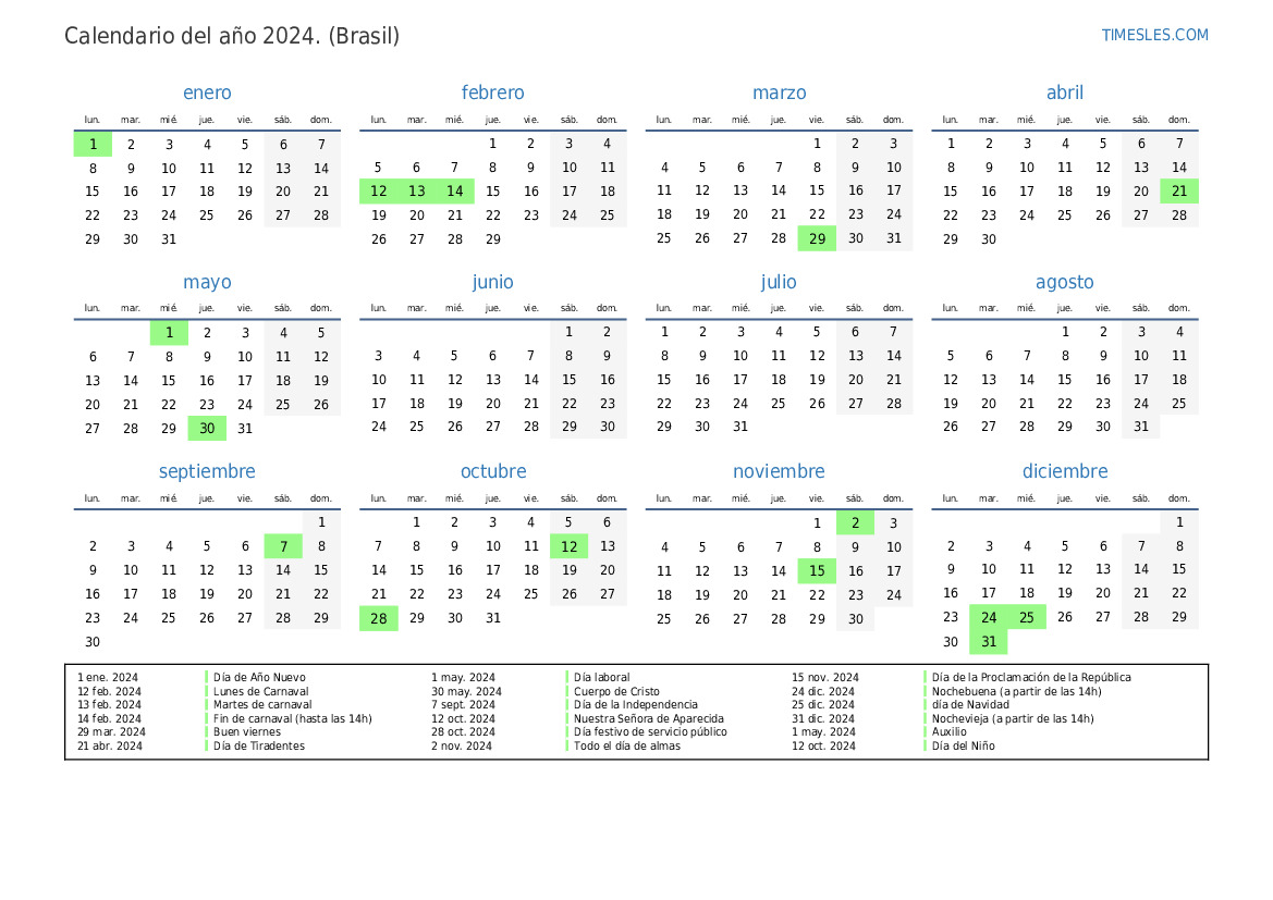 Calendario 2024 con días festivos en Brasil Imprimir y descargar calendario