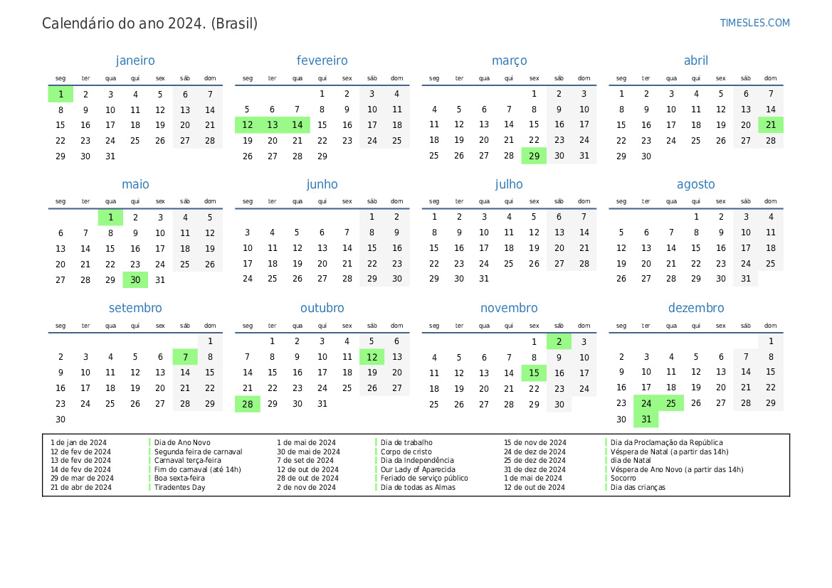 Calendário 2024 com feriados no Brasil Imprimir e baixar calendário