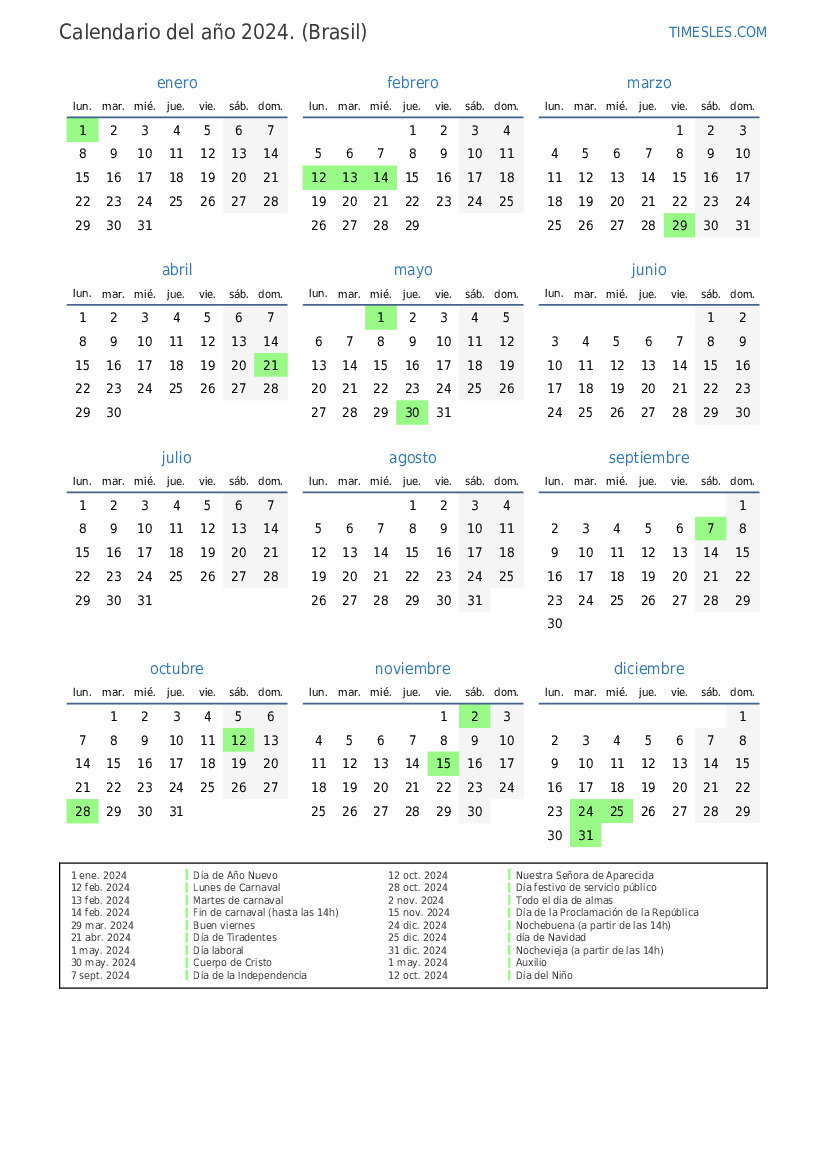Calendario 2024 con días festivos en Brasil Imprimir y descargar