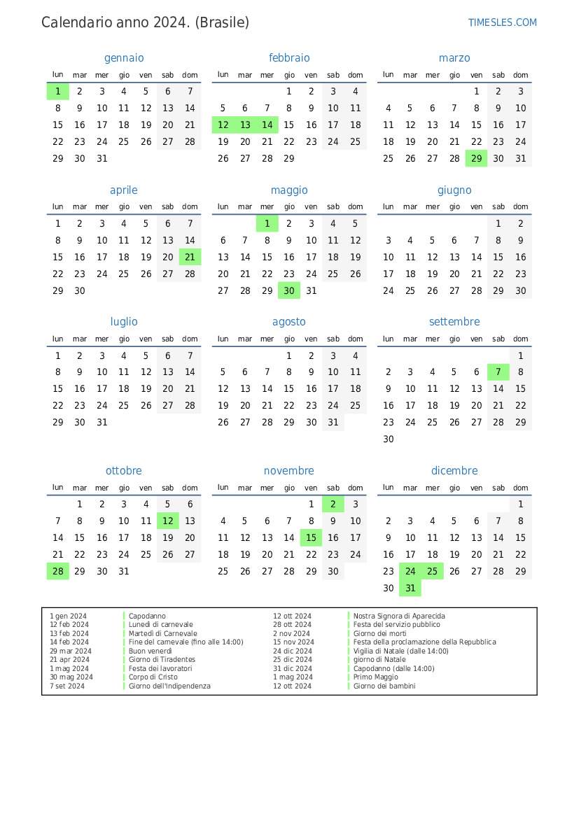 Calendario per il 2024 con giorni festivi in Brasile Stampa e scarica