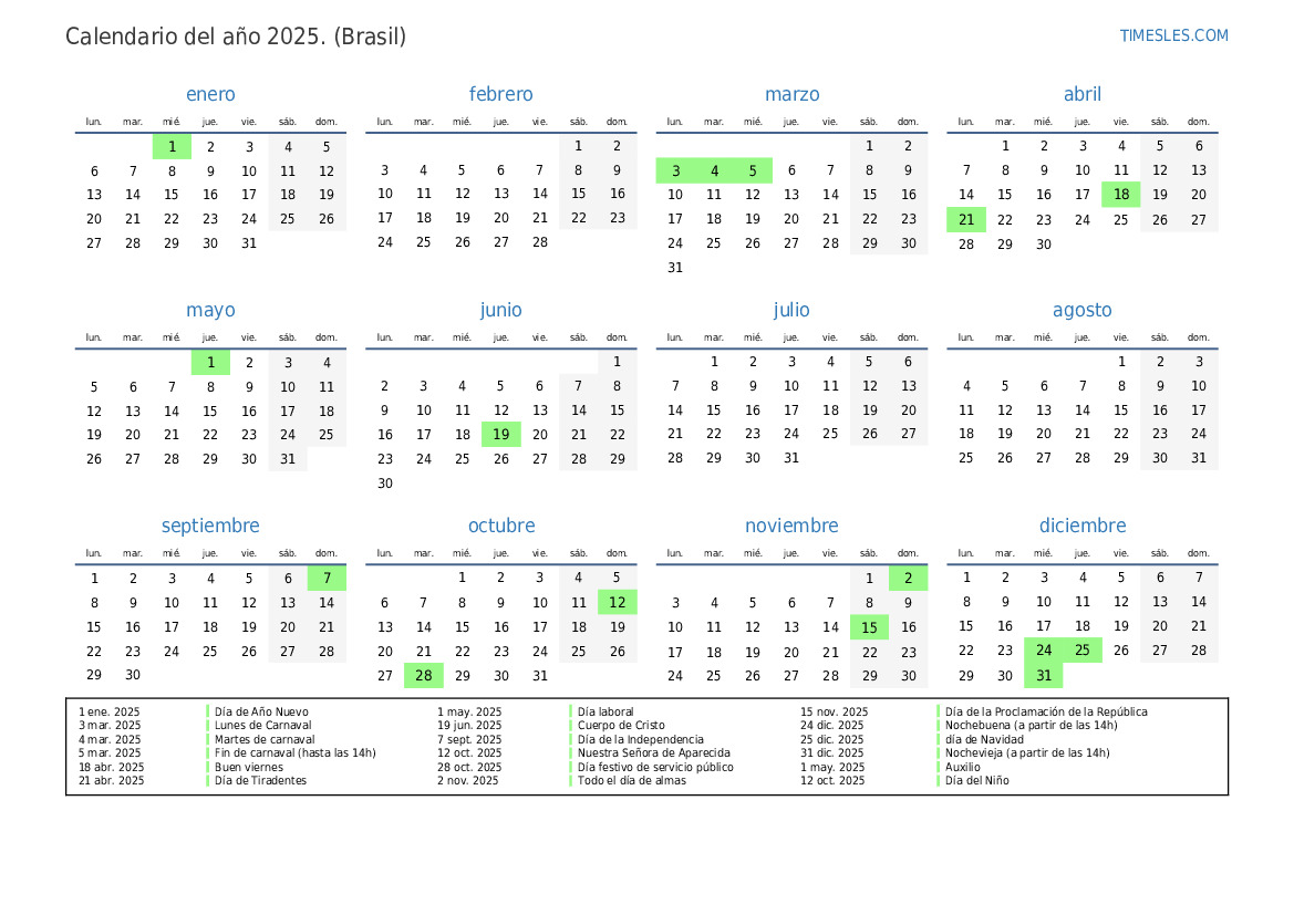 Calendario 2025 con días festivos en Brasil Imprimir y descargar