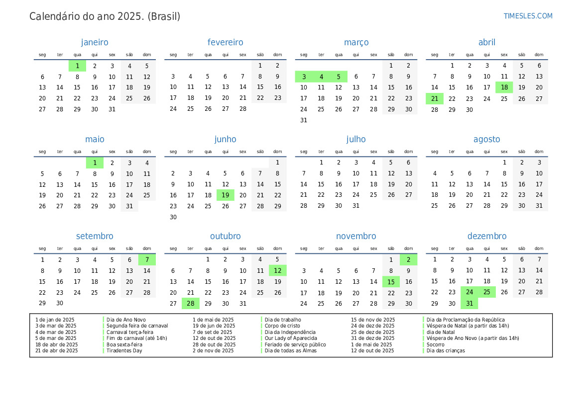 Calendário 2025 com feriados no Brasil Imprimir e baixar calendário