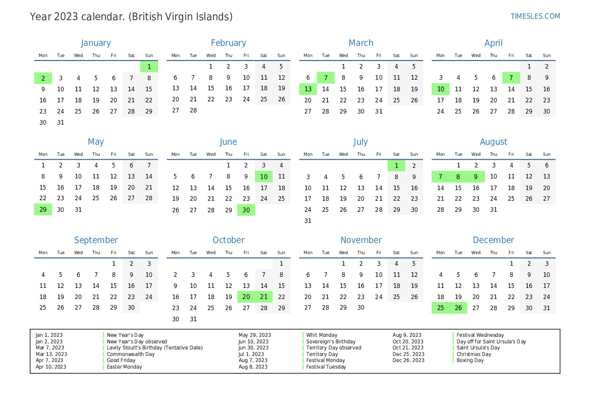 Calendar for 2023 with holidays in British Virgin Islands Print and