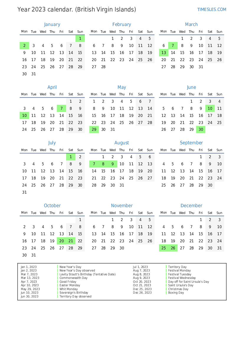 Calendar for 2023 with holidays in British Virgin Islands Print and