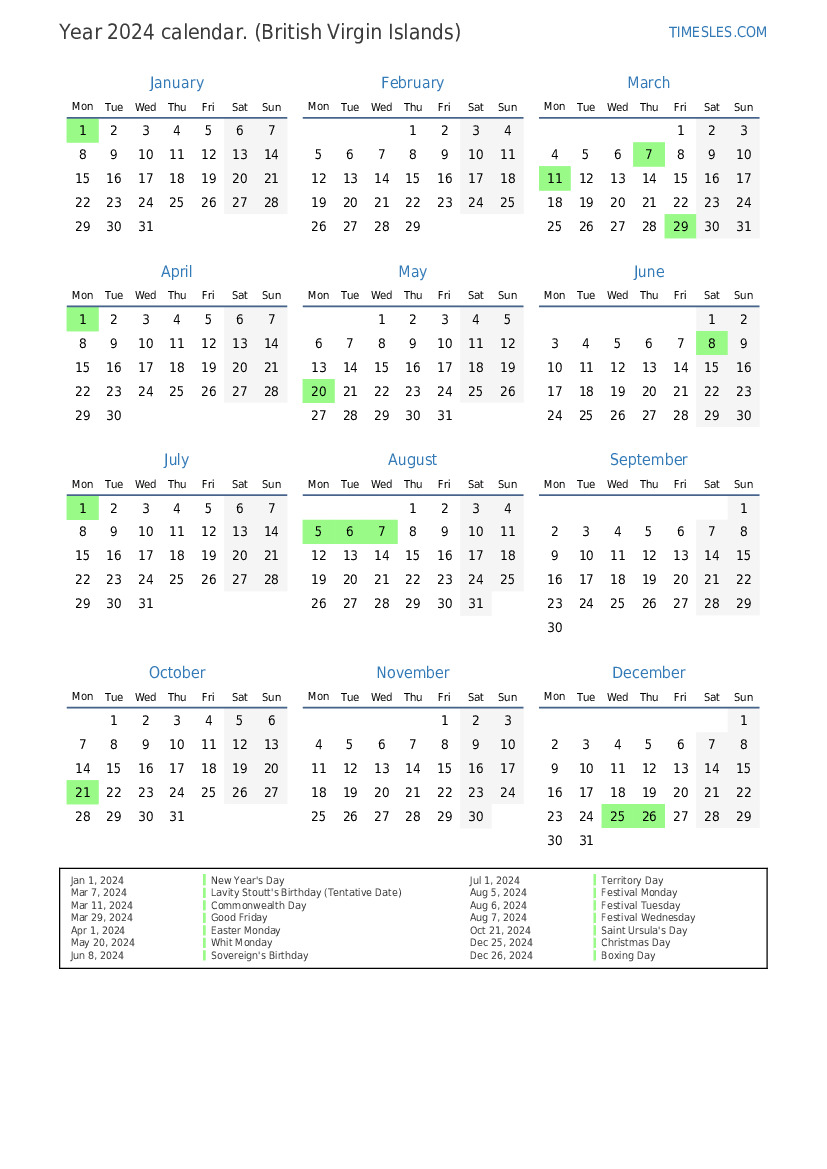 Calendar for 2024 with holidays in British Virgin Islands Print and