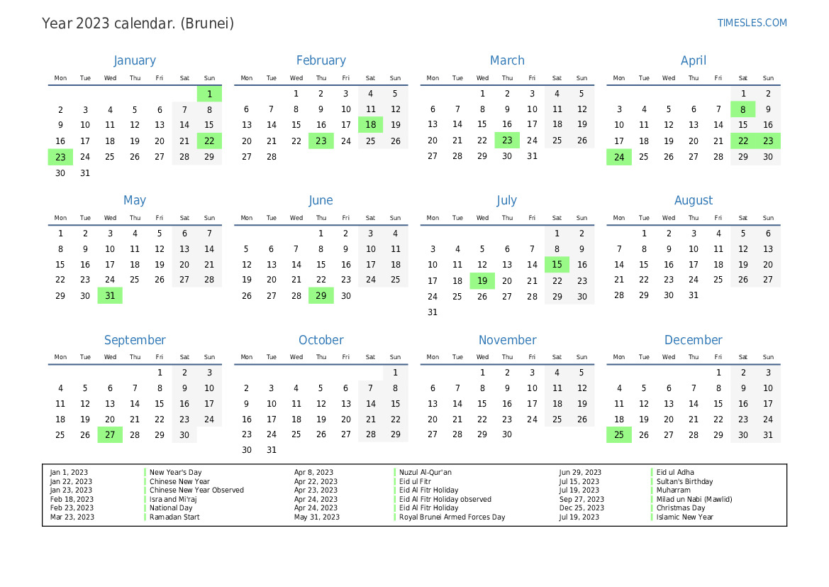 Calendar for 2023 with holidays in Brunei  Print and download calendar
