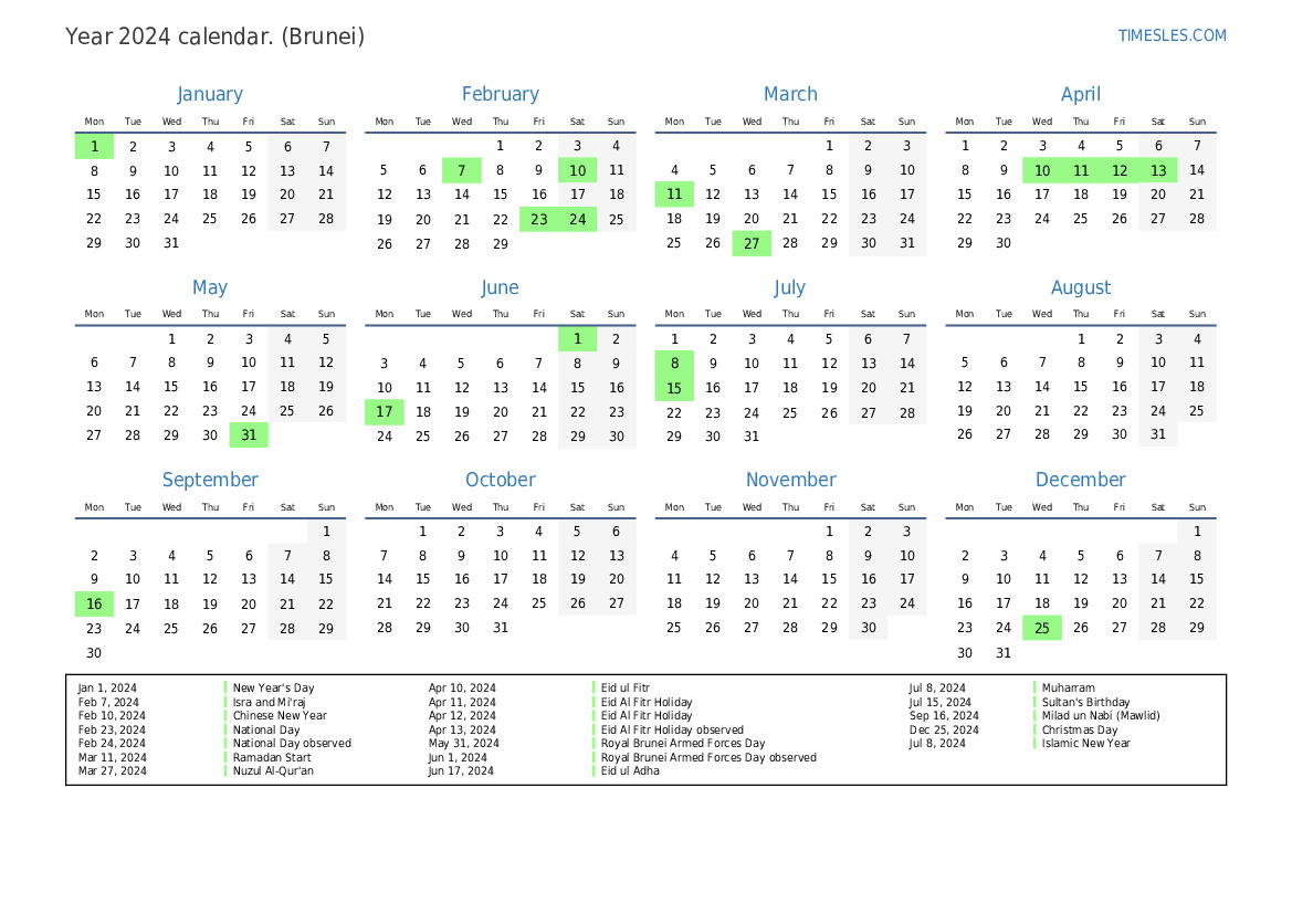 Calendar for 2024 with holidays in Brunei Print and download calendar