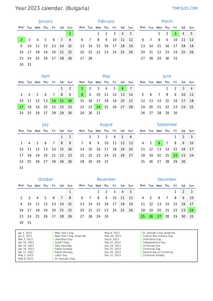 Calendar for 2023 with holidays in Bulgaria Print and download calendar