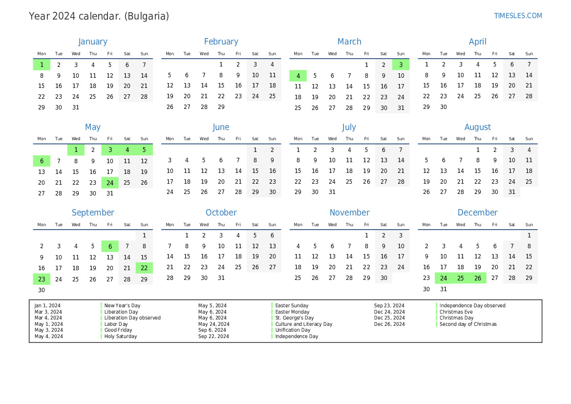 Calendar for 2024 with holidays in Bulgaria Print and download calendar