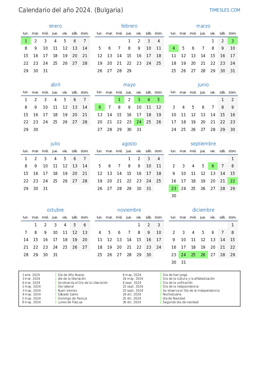 Calendario 2024 con días festivos en Bulgaria Imprimir y descargar