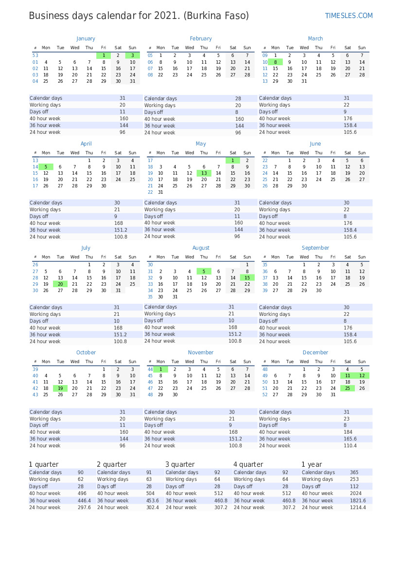Business Days Calendar For September 21 With Holidays In Burkina Faso Print And Download Calendar