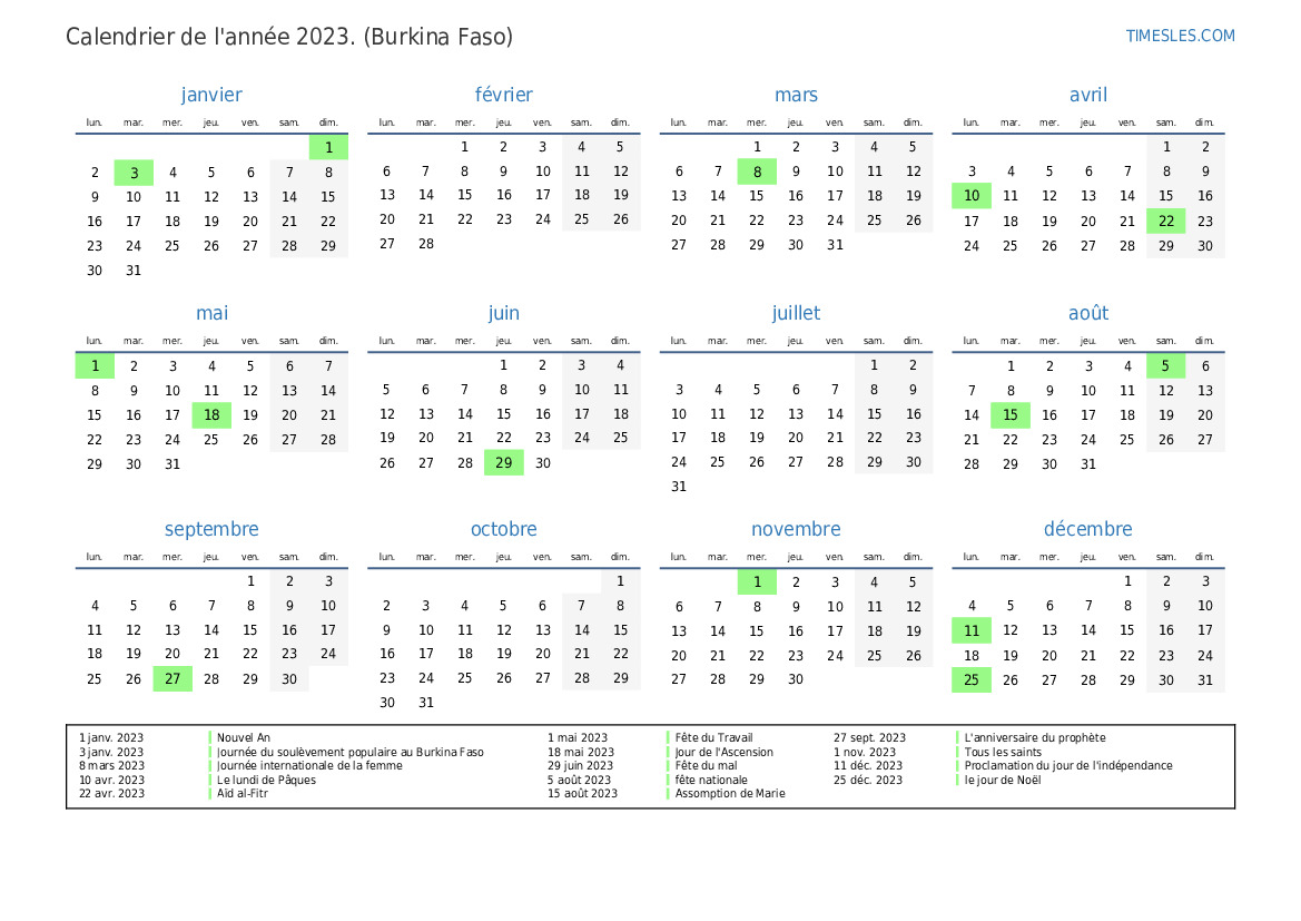Calendrier 2023 avec jours fériés au Burkina Faso Imprimer et télécharger le calendrier Calendrier 2023 avec jours fériés au Burkina Faso Imprimer et télécharger le calendrier