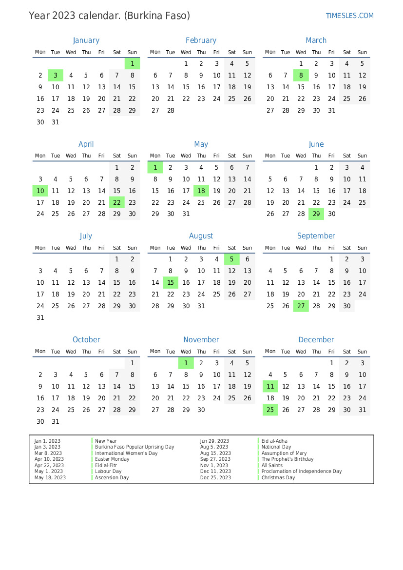 Calendar for 2023 with holidays in Burkina Faso | Print and download