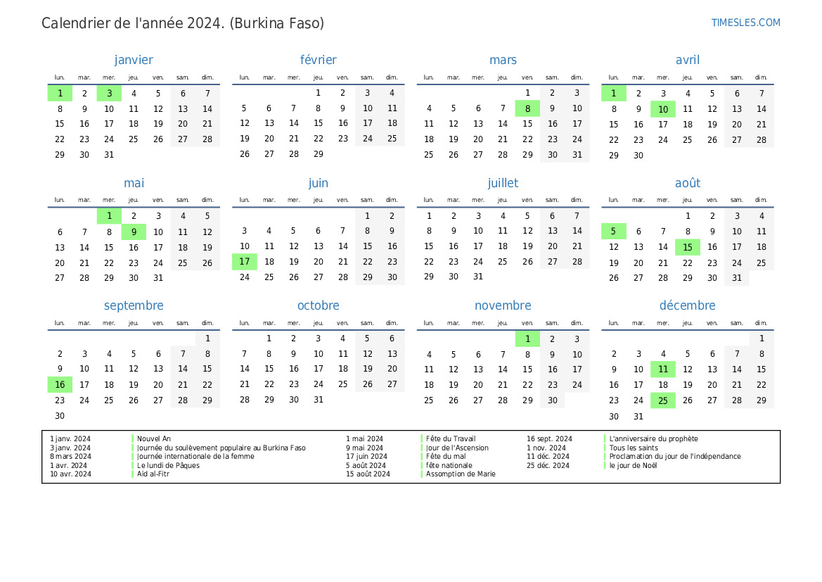 Calendrier 2024 avec jours fériés au Burkina Faso Imprimer et