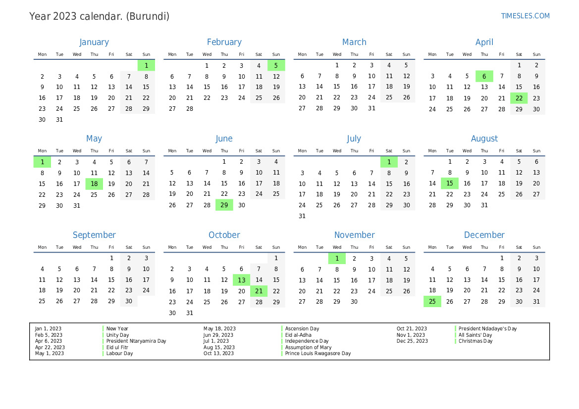 Calendar for 2023 with holidays in Burundi | Print and download calendar