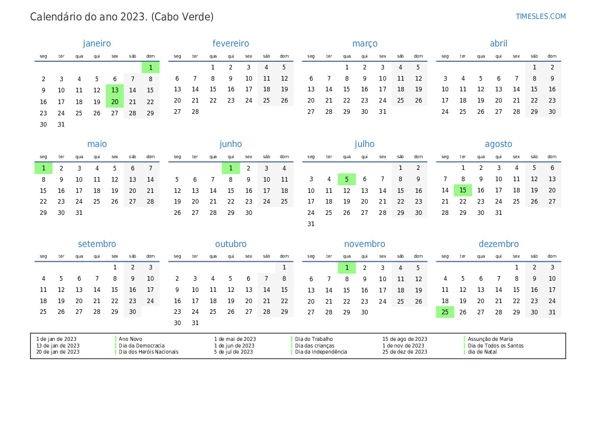 Calendário 2023 com feriados em cabo verde | Imprimir e baixar calendário