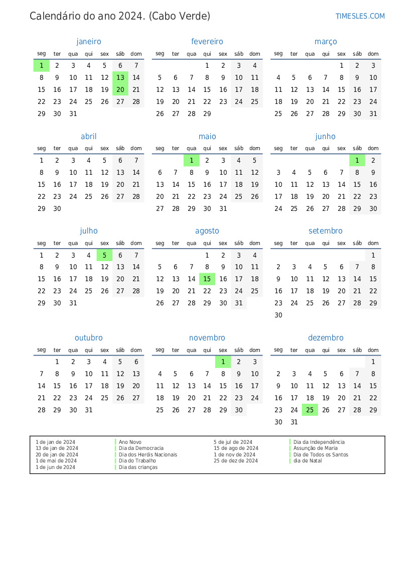 Calendário 2024 com feriados em cabo verde Imprimir e baixar calendário