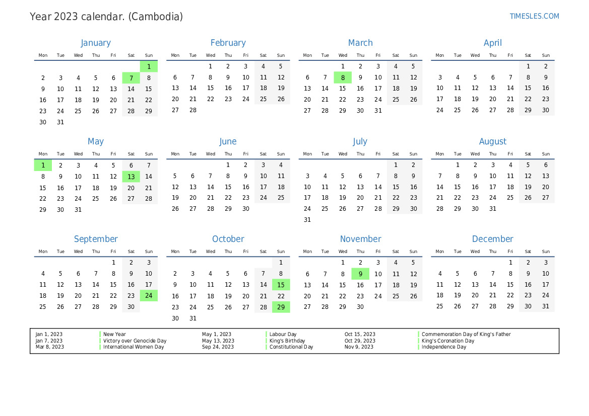 Calendar for 2023 with holidays in Cambodia Print and download calendar