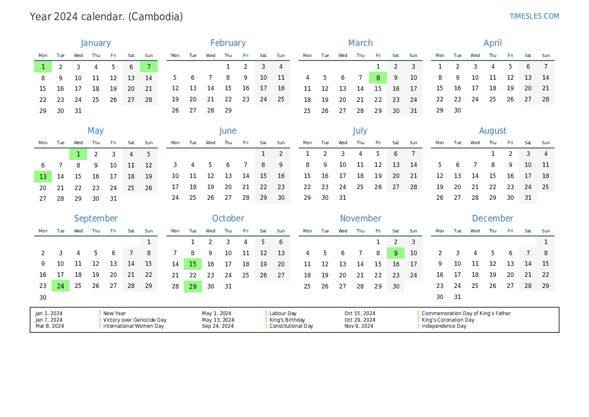 Calendar for 2024 with holidays in Cambodia | Print and download calendar