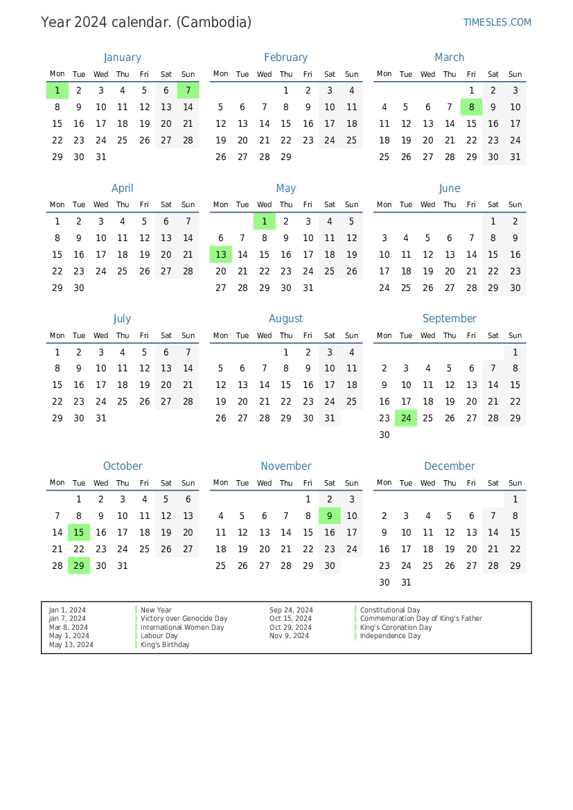 Calendar for 2024 with holidays in Cambodia Print and download calendar