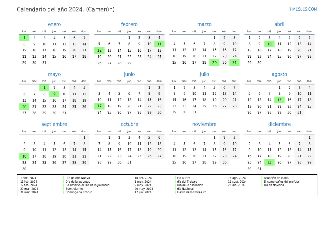 Calendario 2024 con días festivos en Camerún Imprimir y descargar