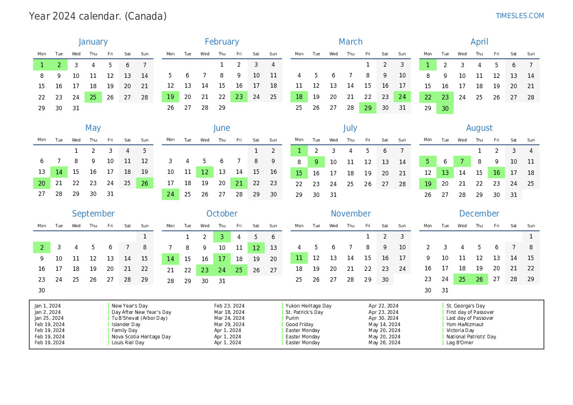 Calendar for 2024 with holidays in Canada | Print and download calendar