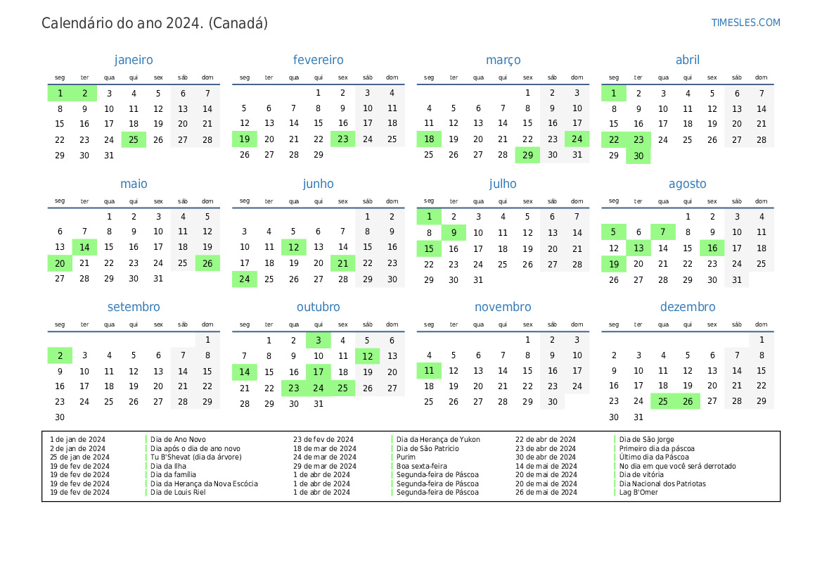 Calendário 2024 com feriados no Canadá Imprimir e baixar calendário