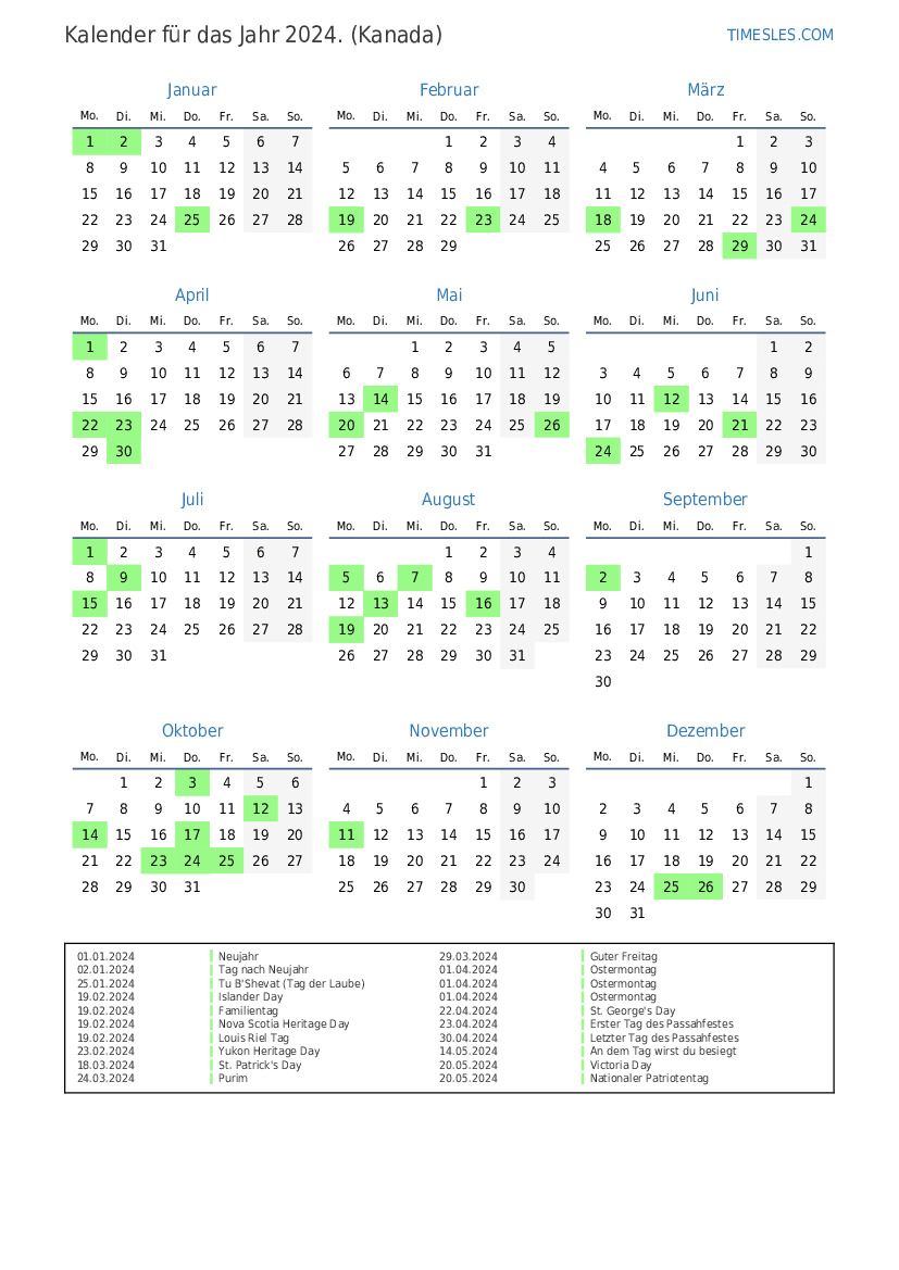 Kalender für 2024 mit Feiertagen in Kanada Kalender drucken und