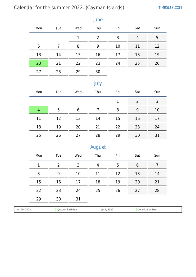 Summer 2022 Calendar Summer 2022 Calendar With Holidays For Cayman Islands | Print And Download  Calendar