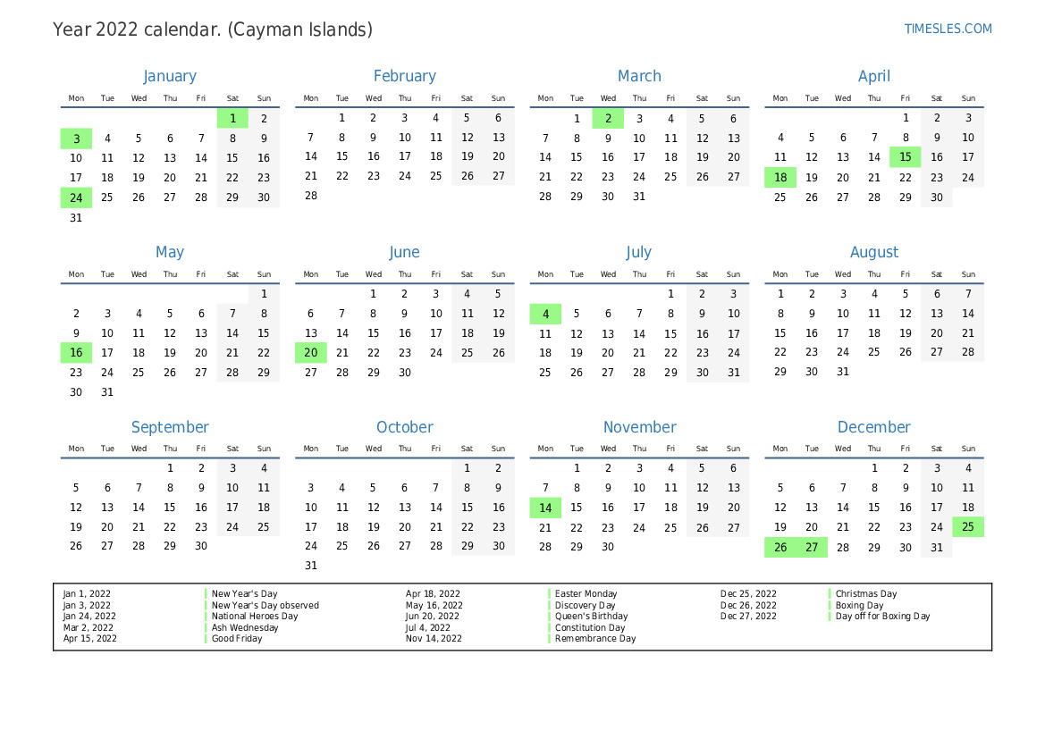 Calendar for 2022 with holidays in Cayman Islands Print and download