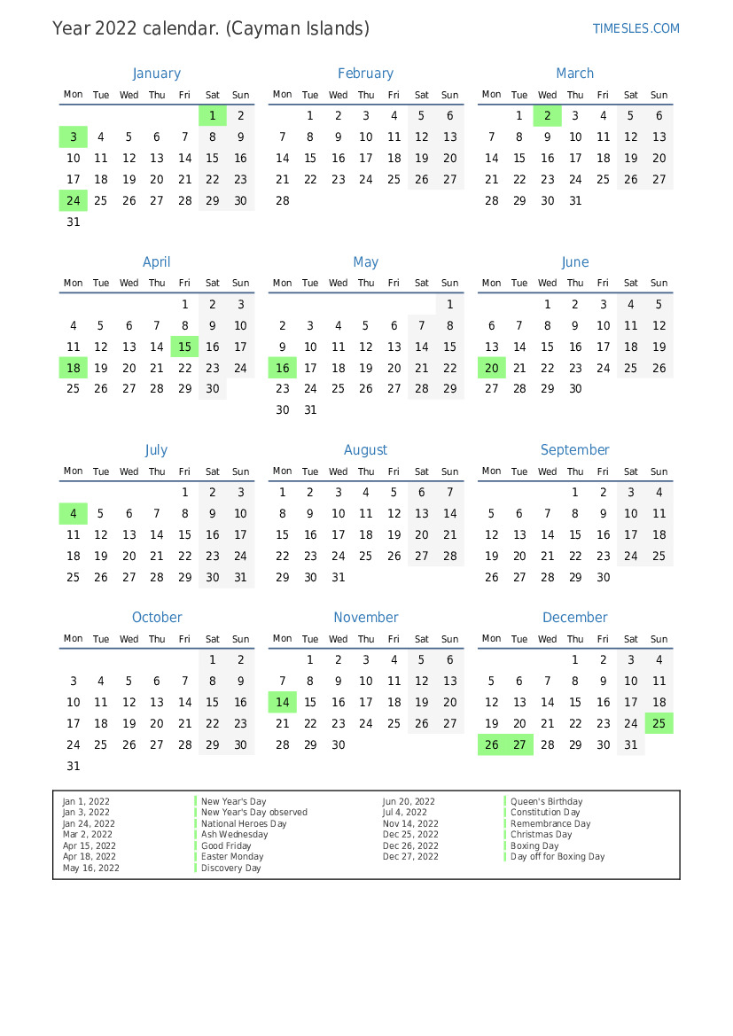 Calendar for 2022 with holidays in Cayman Islands Print and download