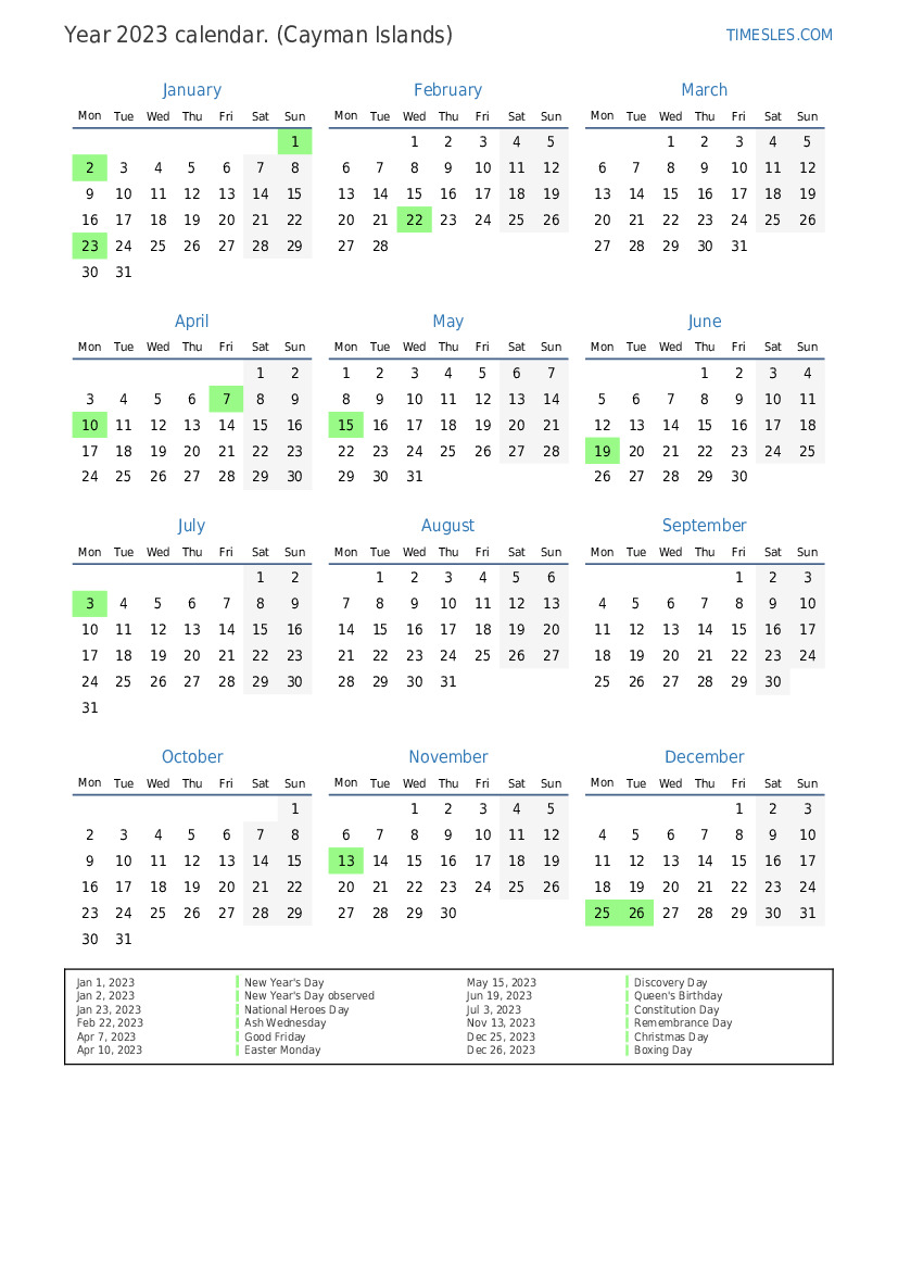 Calendar for 2023 with holidays in Cayman Islands Print and download