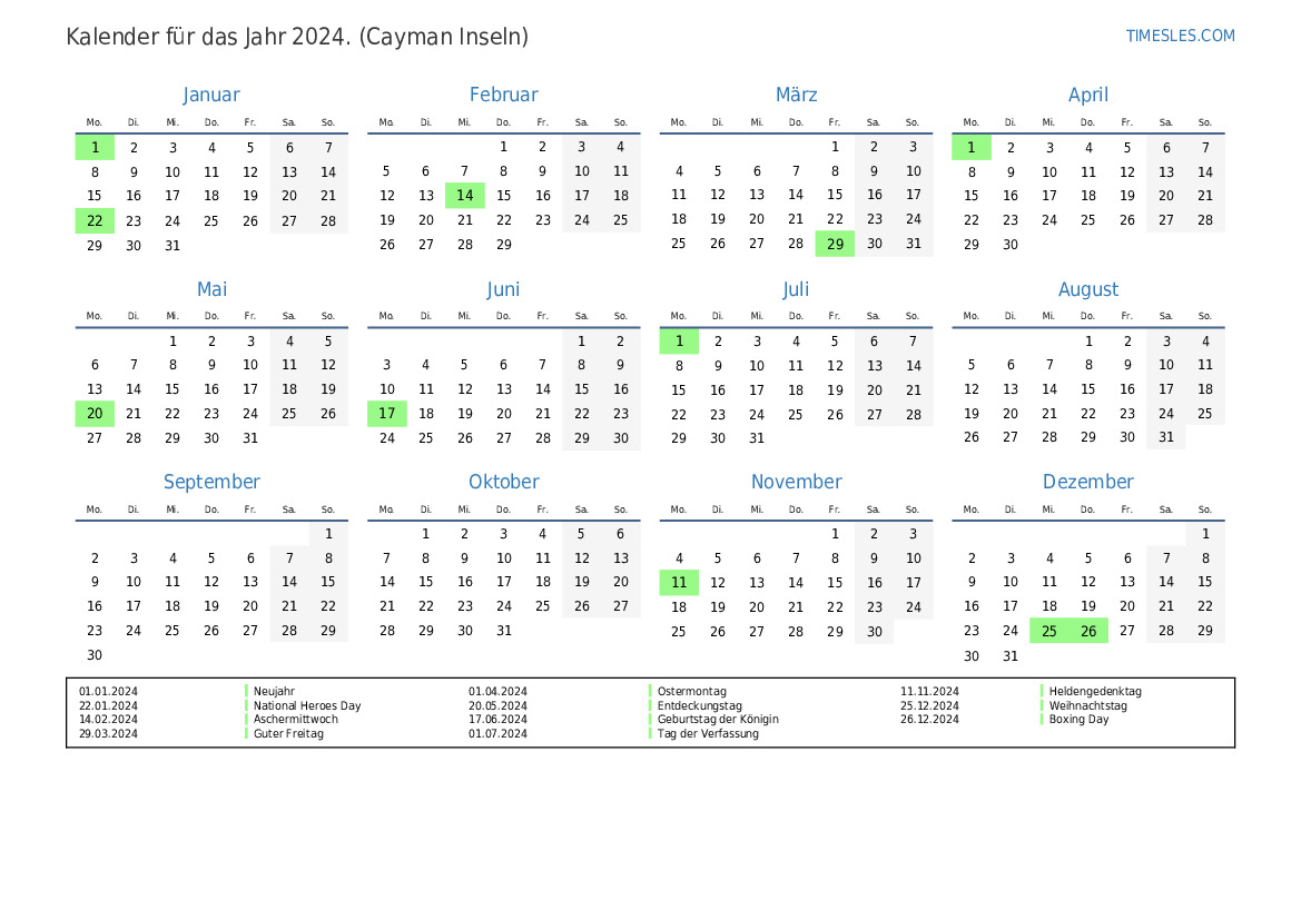 Kalender für 2024 mit Feiertagen auf den Kaimaninseln Kalender