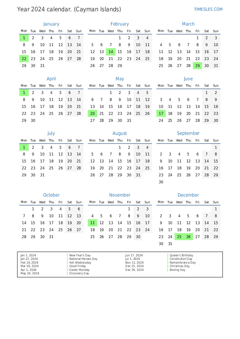 Calendar for 2024 with holidays in Cayman Islands Print and download