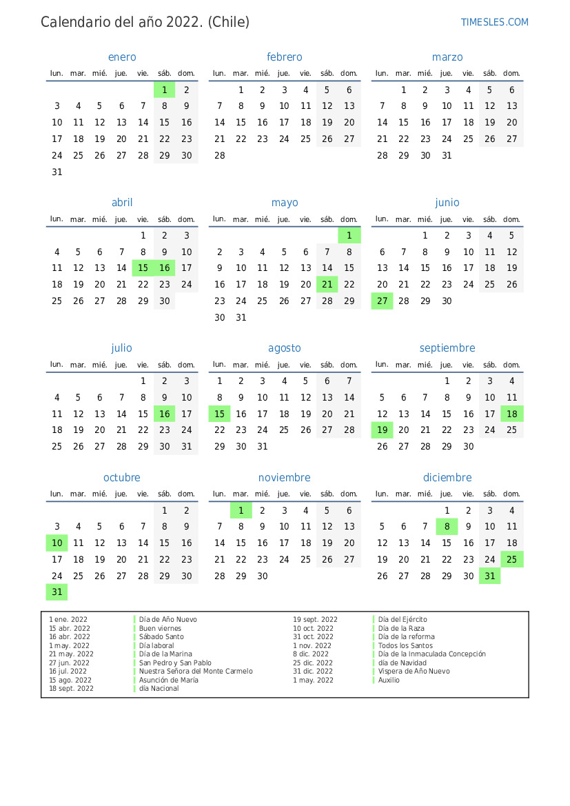 Calendario 2022 Con Días Festivos En Chile Imprimir Y Descargar