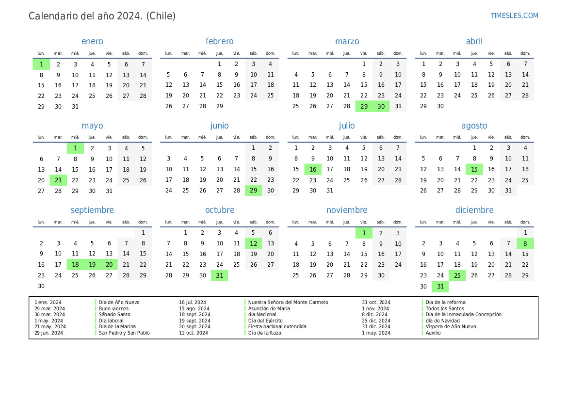 Calendario 2024 con días festivos en Chile Imprimir y descargar