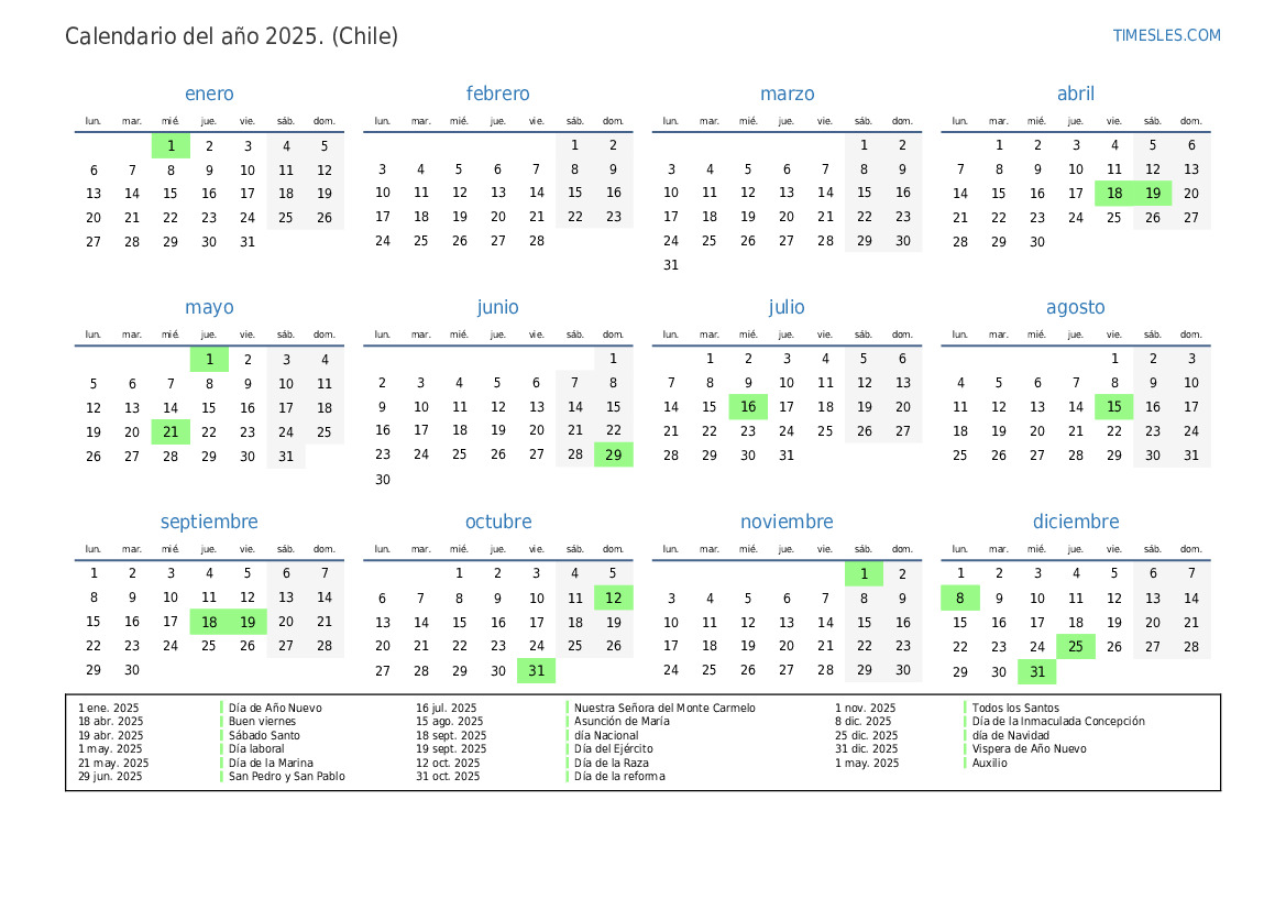 Calendario 2025 con días festivos en Chile Imprimir y descargar