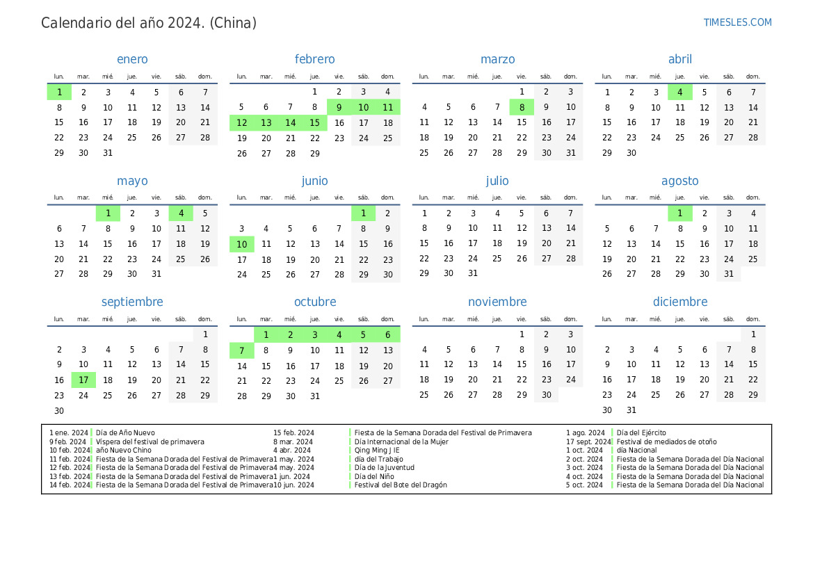 Calendario 2024 con días festivos en China Imprimir y descargar calendario