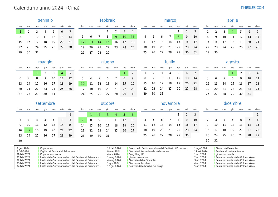 Calendario per il 2024 con giorni festivi in Cina Stampa e scarica il