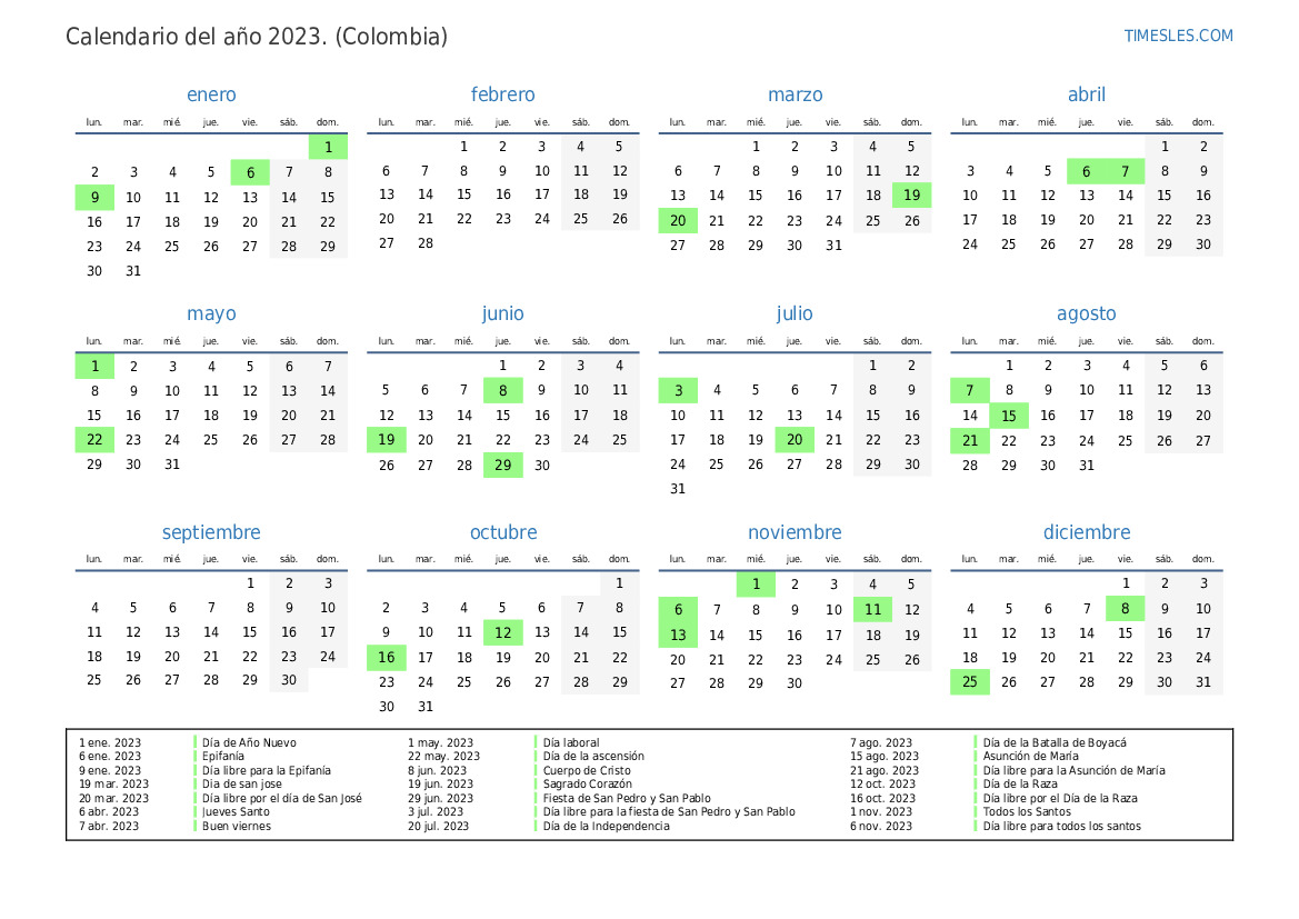 Calendario 2023 con días festivos en Colombia Imprimir y descargar