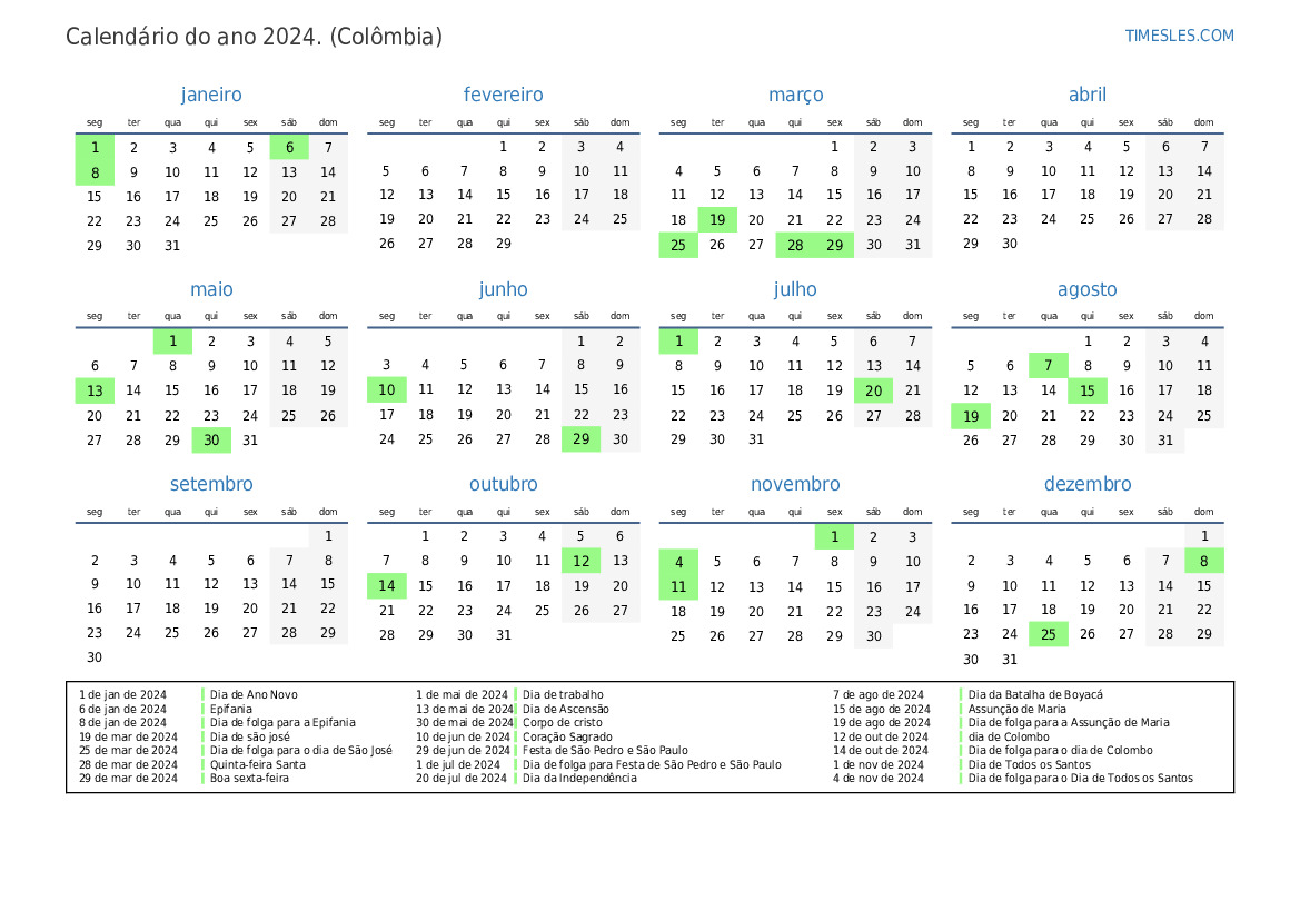 Calendário 2024 com feriados Na colômbia Imprimir e baixar calendário