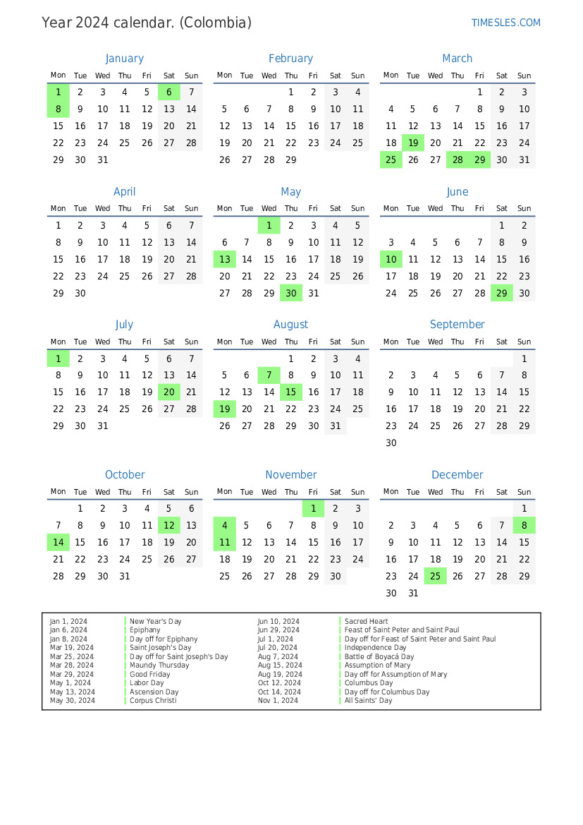 Calendar for 2024 with holidays in Colombia Print and download calendar