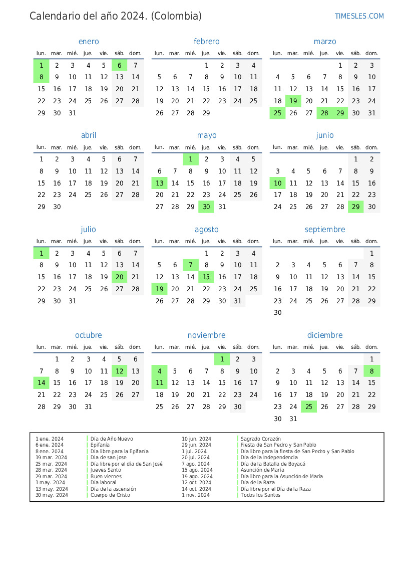 Calendario 2024 con días festivos en Colombia Imprimir y descargar