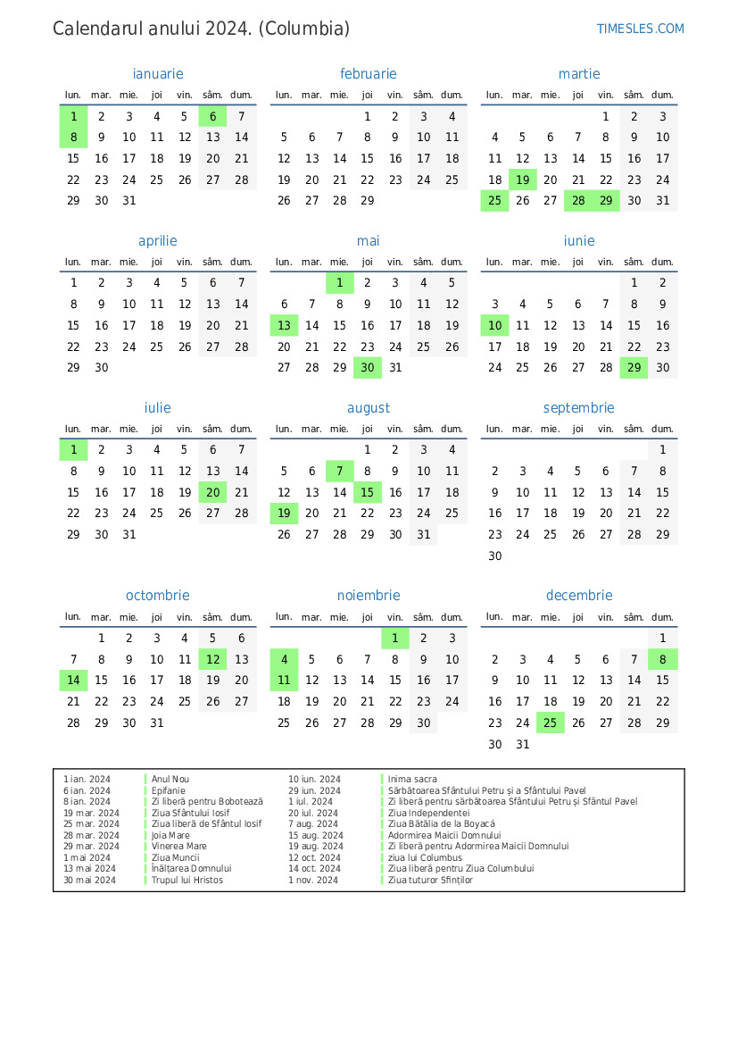 Calendar pentru anul 2024 cu sărbători în Columbia Imprimați și