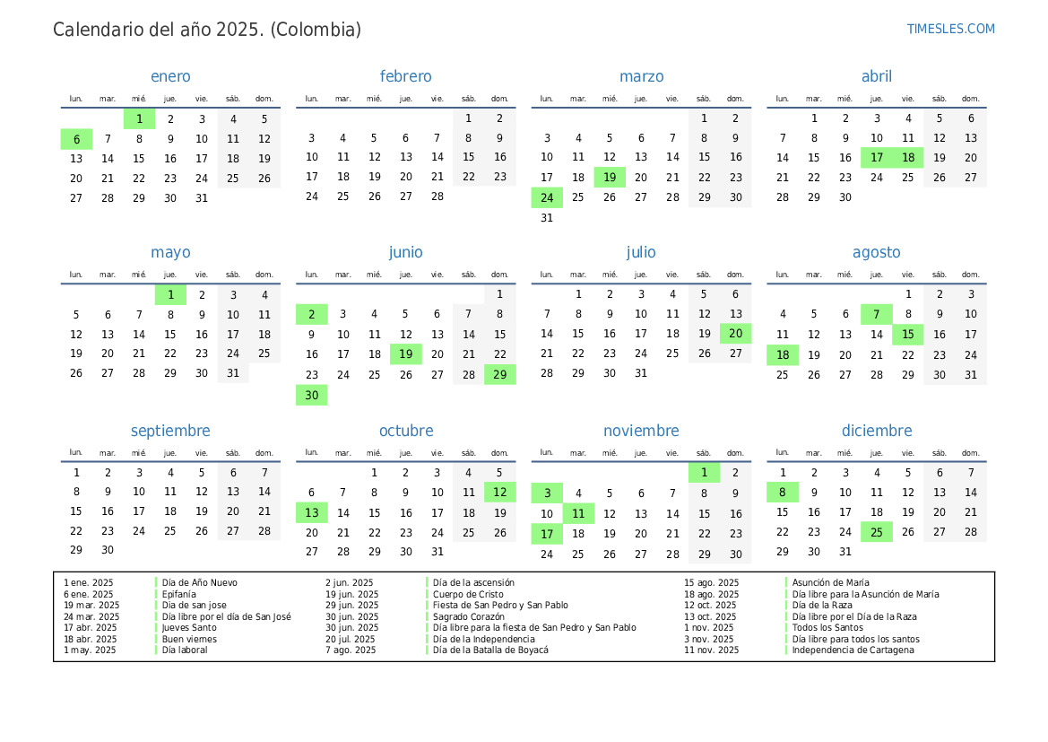 Calendario 2025 con días festivos en Colombia Imprimir y descargar